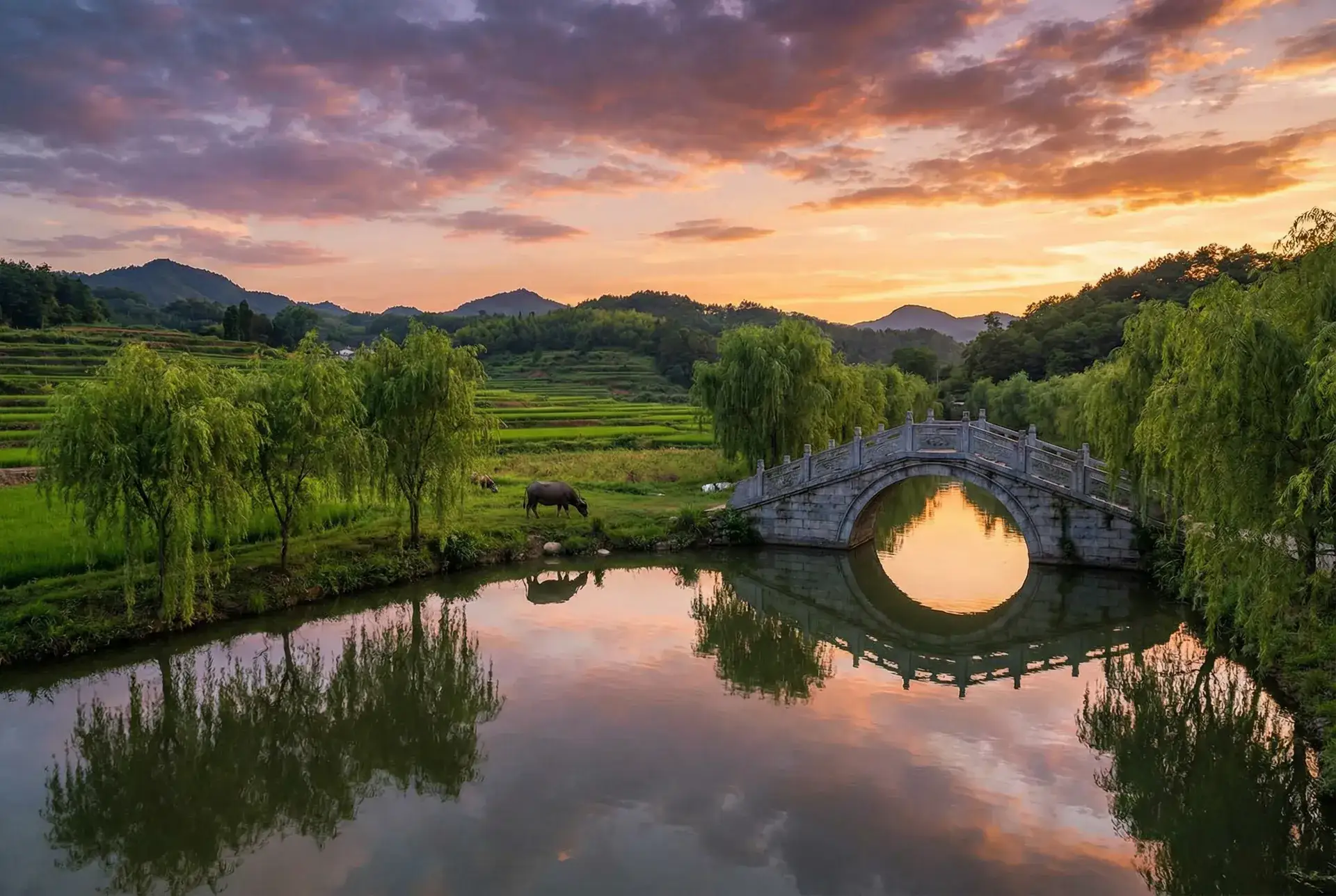 夕阳下的石拱桥与垂柳，水牛在河边吃草 - 善良的小峓子BD无删减 乡村美景